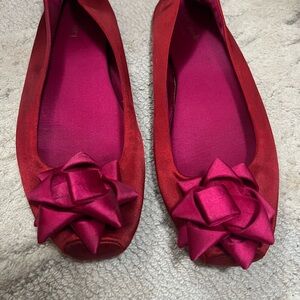 Kate Spade Red Satin Flats with Bow Accent